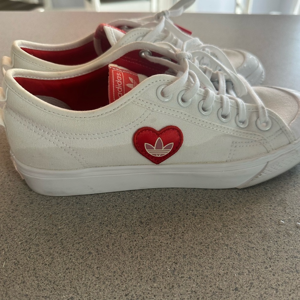 Adidas White Sneakers with Red Heart Logo